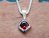 Red garnet necklace - rhodolite garnet - raspberry pink - geometric pendant - recycled sterling silver - square stone - modern rock
