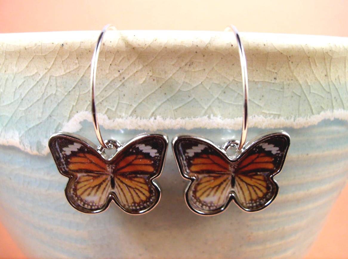 Hoop Earrings, Monarch Butterfly Earrings, Colorful and Silver Hoop Earrings, FREE Shipping U.S.