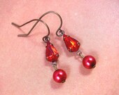 Red Rhinestone and Pearl Drop Earrings, Vintage Rhinestone and Brass Dangle Earrings, FREE Shipping U.S.
