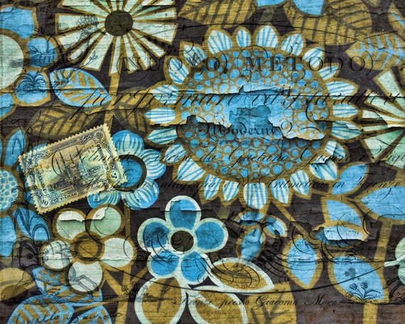Digital Paper Vintage French Shabby Chic blue sunflower  Floral Overlay Texture Postage Stamp Digital DownloadCommercial Use