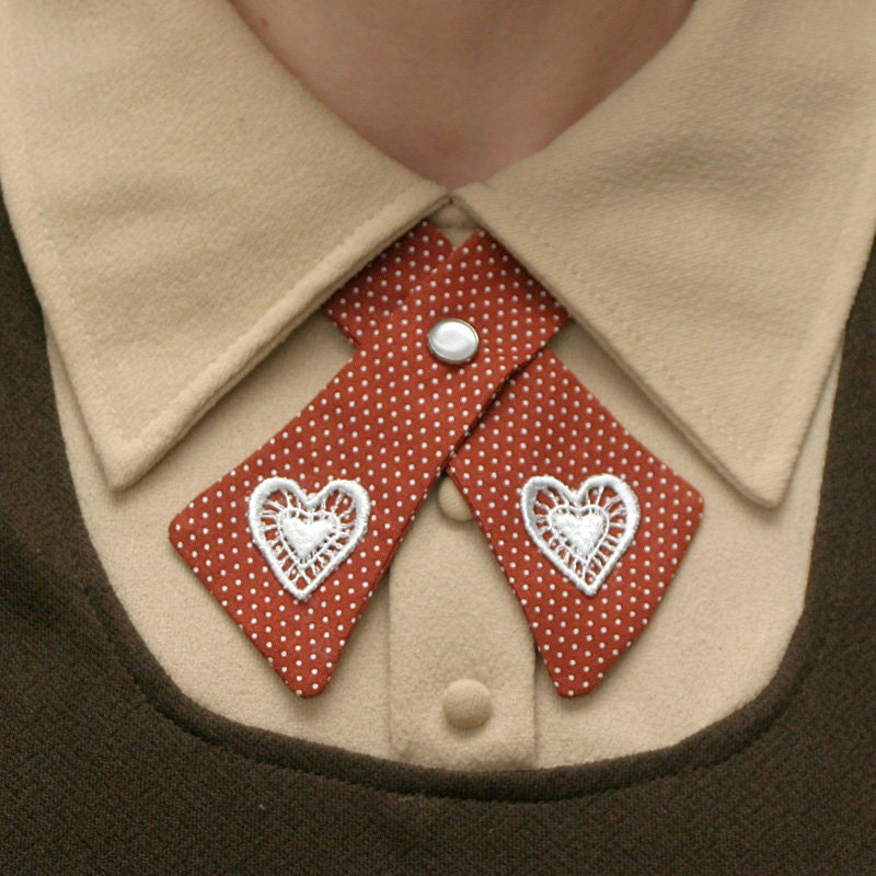 Womens Neck Tie - Rust Polka Dots & Lace Hearts