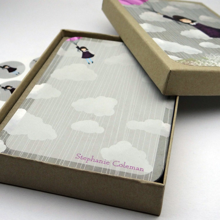 personalized kids stationery set- March Winds Personalized Stationery Set - gift set flat card notecard balloon girl grey