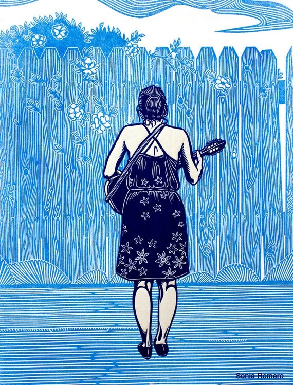 She Plays the Jarana Jarocho Linocut Print