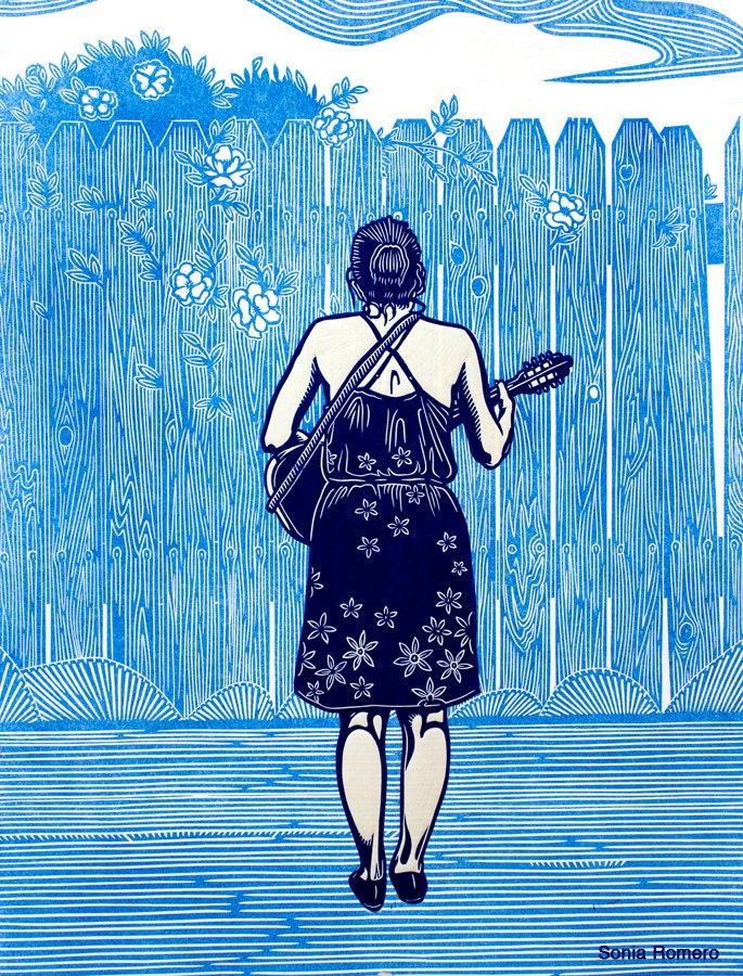 She Plays the Jarana Jarocho Linocut Print