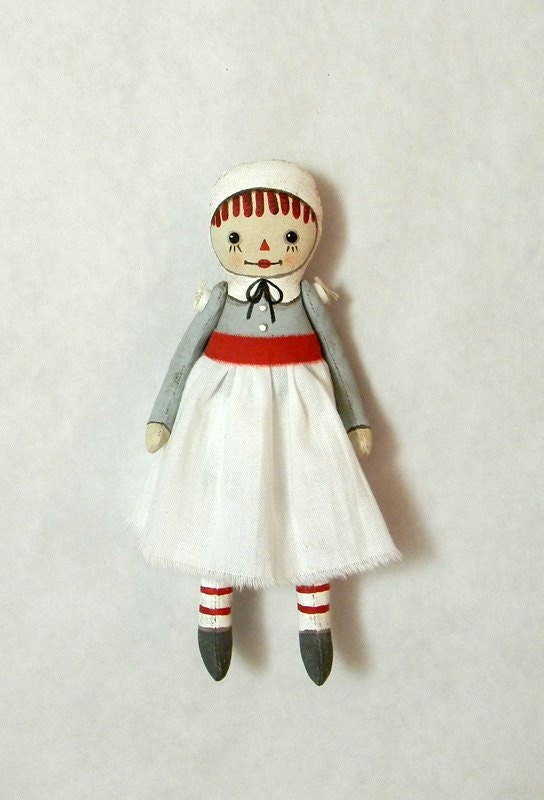 Tiny Raggedy Ann-- Original Hand Painted Folk Art Doll Ornament-- Made to order within a week