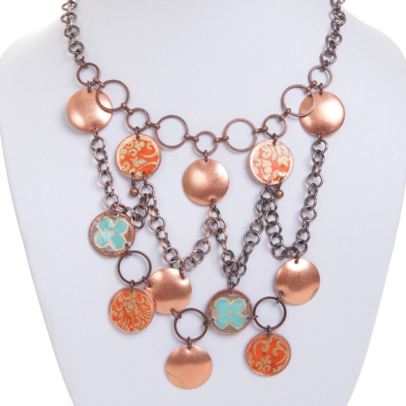 Copper statement necklace - turquoise and tangerine bib necklace - boho chic - copper penny jewelry - handmade in Brooklyn