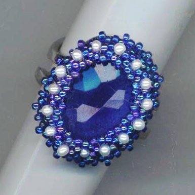 Adjustable Cocktail Ring . Faceted Glass . OOAK Statement Ring . Beaded . Pearls . Silver Plated . Blue Rhinestone Ring - Royal Elegance