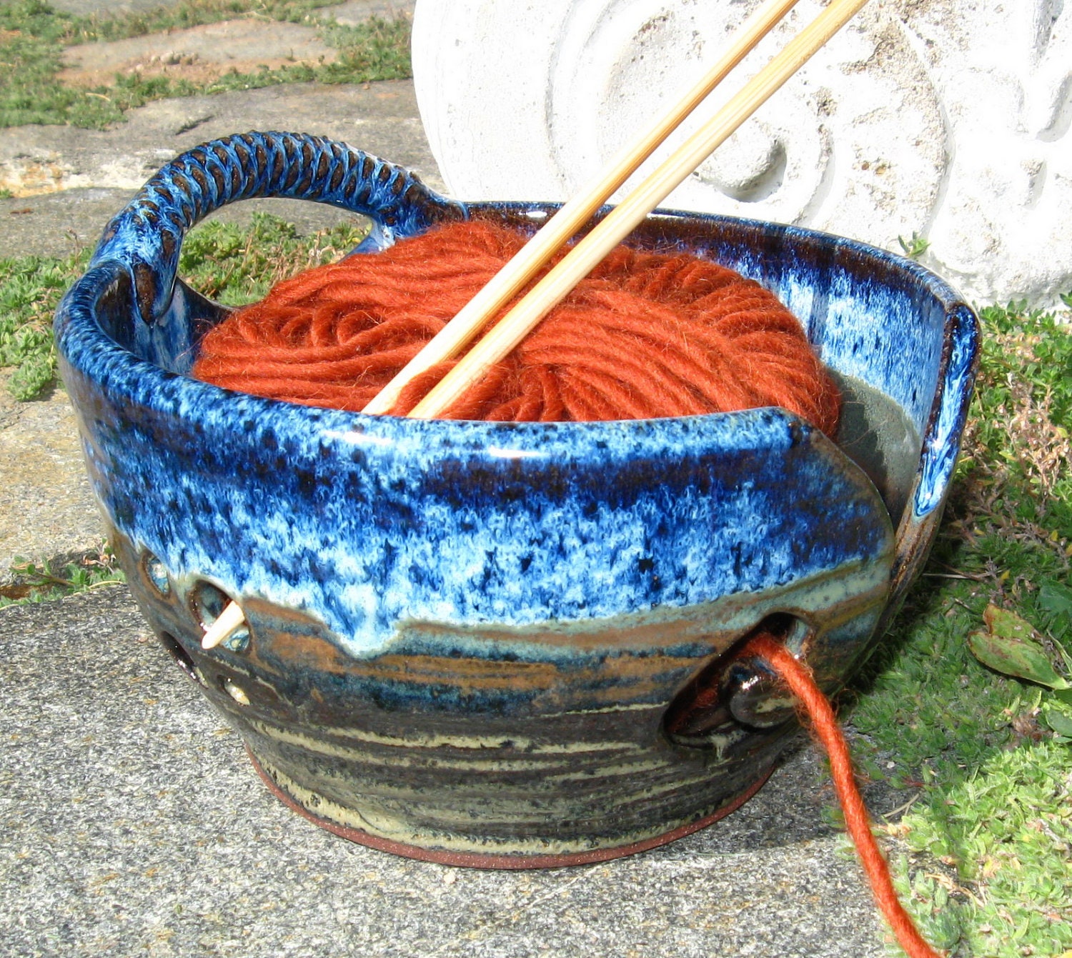 Yarn Bowl Knitting Crochet in Earthy Browns and Blues