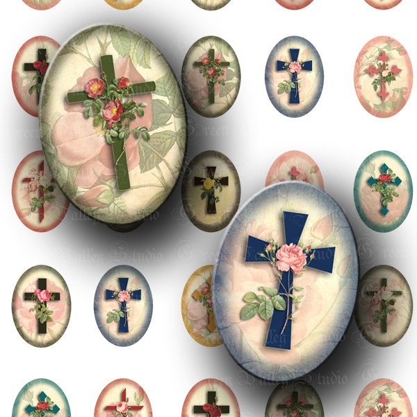 Floral Crosses Digital Images Collage Sheet Cross Jesus Christian Religious Inspirational Medium Ovals 18 x 25 mm for Pendants Crafts (O57)