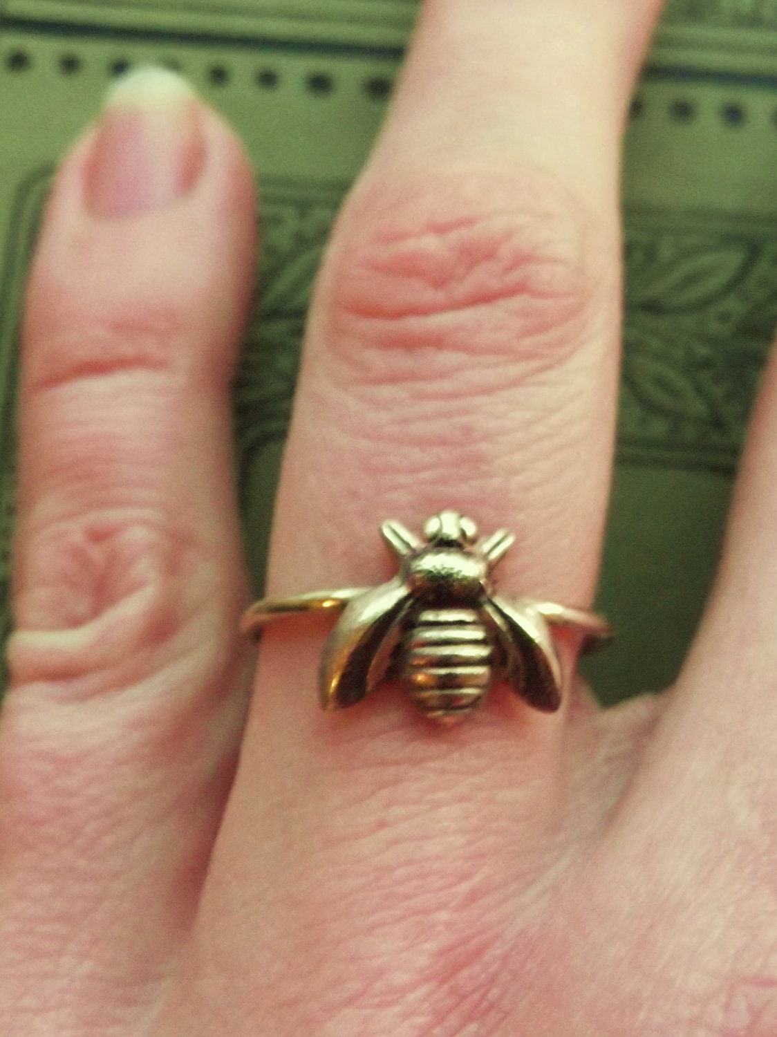 Brass Tiny Cute Honey Bumble Bee Ring on Antiqued Brass Band, Art Nouveau, Tattoo, Steampunk