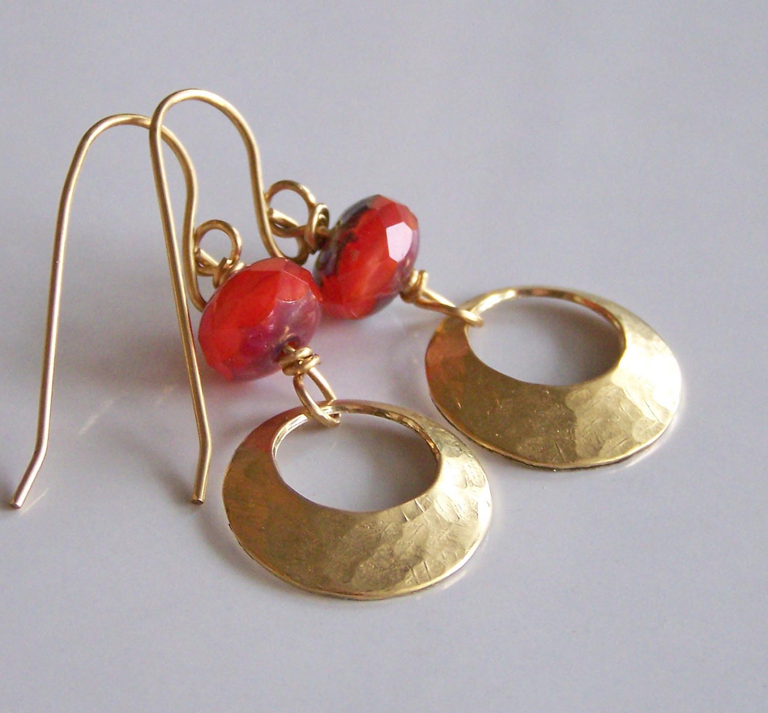 Etsy, Etsy Jewelry, Hammered Brass Hoop Earrings with Orange Czech Picasso Beads, Gold Hoops, Metalwork Earrings, Etsy Jewelry, Hoops