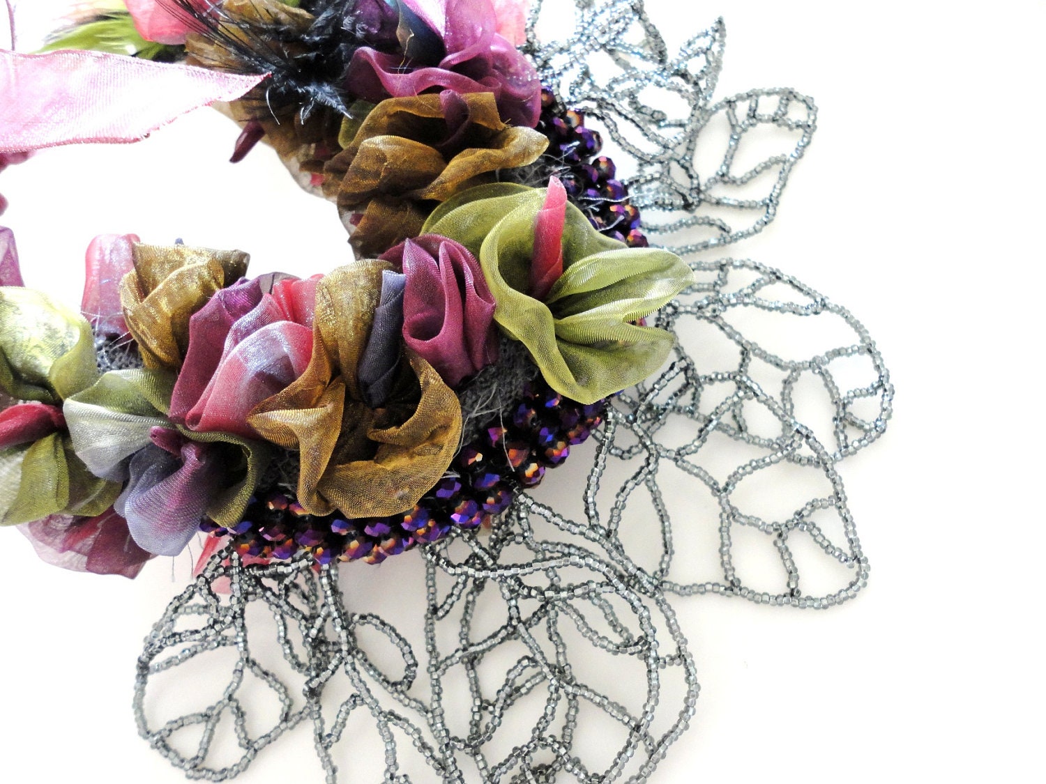 Whimsical Organza Choker, Autumn roses statement jewellery Couture