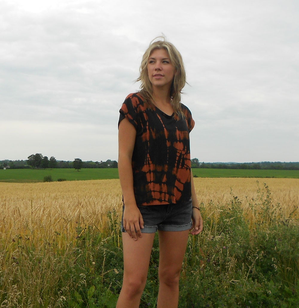 Slouch t-shirt, Box tee - Black modal bleached out, hand dyed