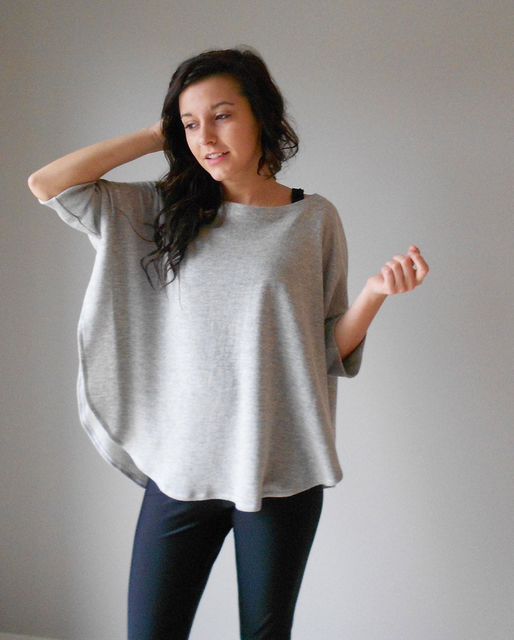 Poncho, cape, oversized sweater with curved hem and side vents, Light heather grey and black medium weight french terry knit, One size