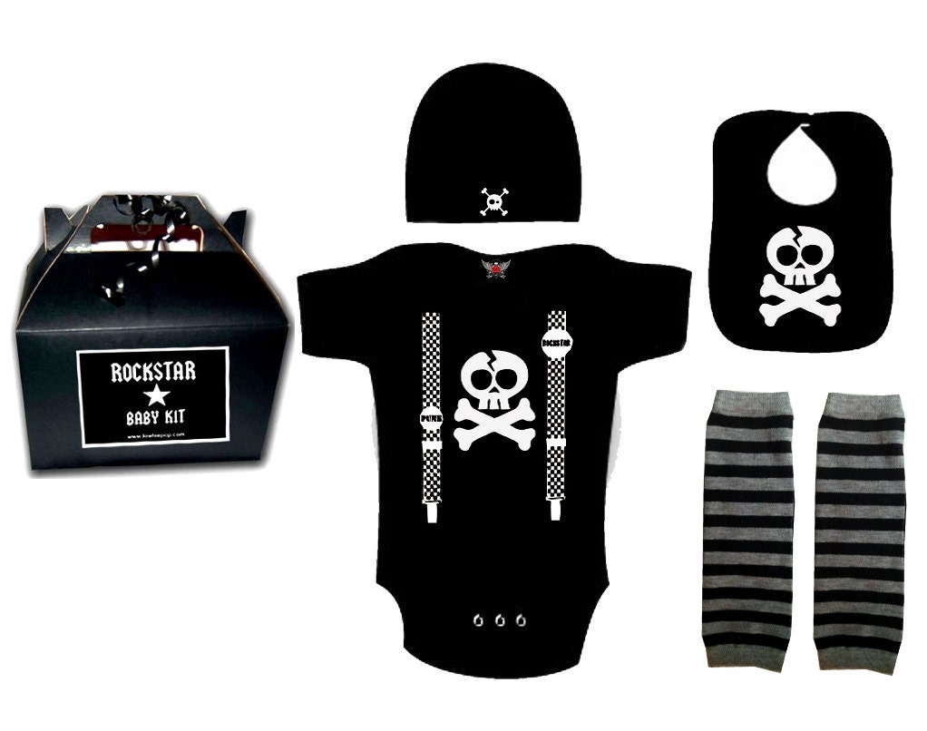 BABY or TODDLER ROCKSTAR kit gift set Onesie, Leg Warmers, Bib, Hat suspenders checkered Skull