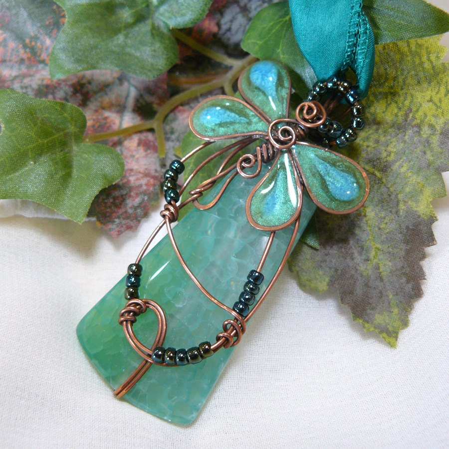 Emerald and Grass Green Copper Wire Dragonfly Pendant