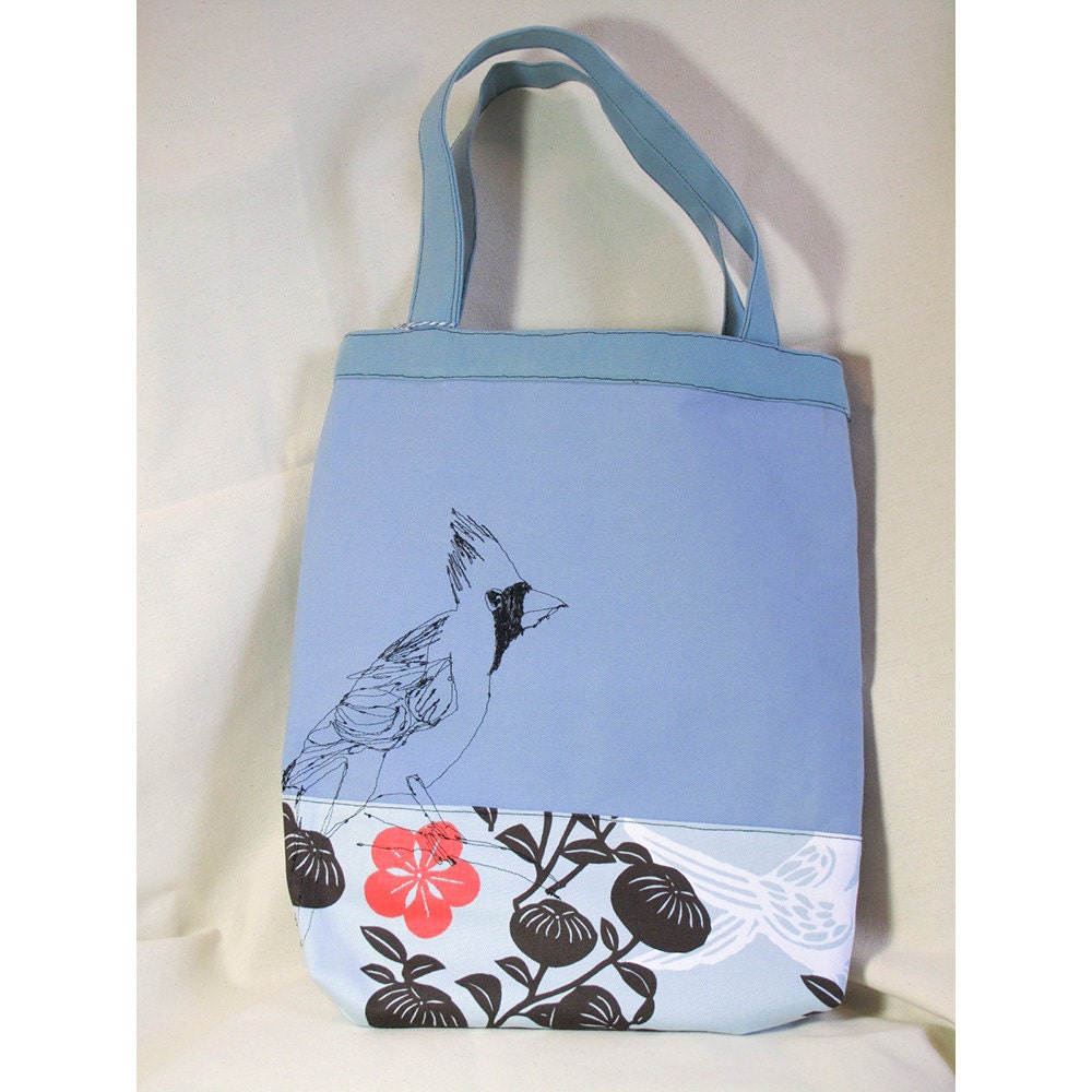 Cardinal Embrodiered Birdy Bird Tote Bag