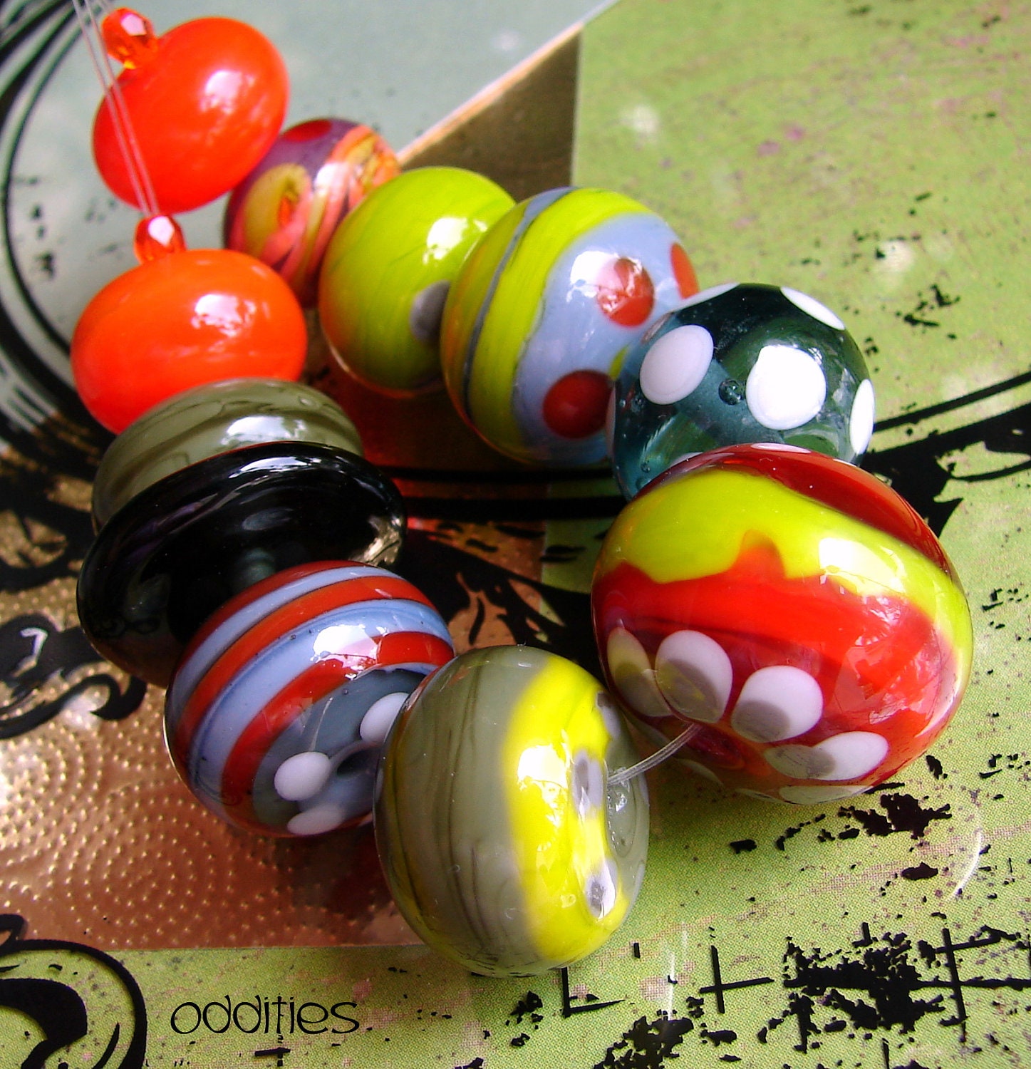Glass Handmade Lampwork Beads & Beaded Jewelry Art. ODDITIES. OPENSTUDIO. Set of 11 big loose beads, GIANT focal. For Necklaces, bracelets.