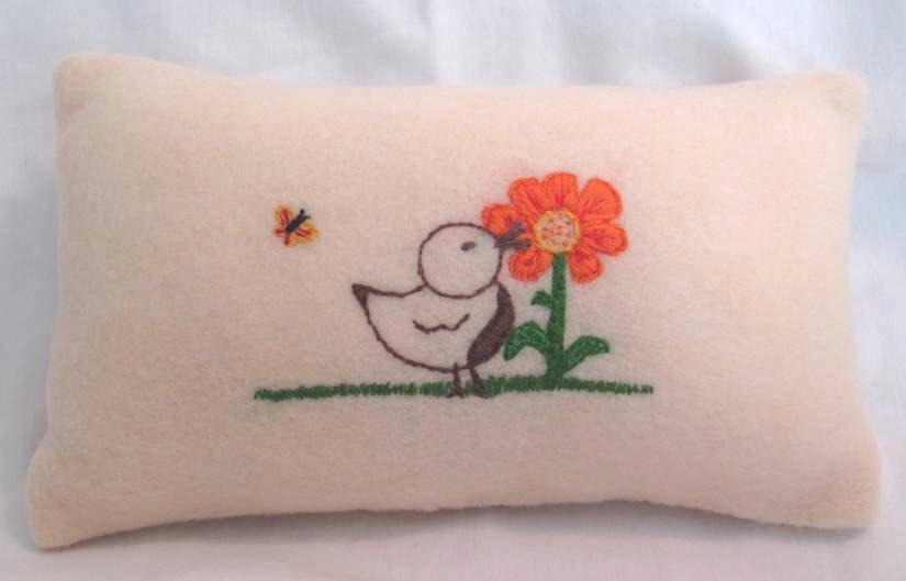 Curious Little Bird Hand Embroidered Gift Pillow