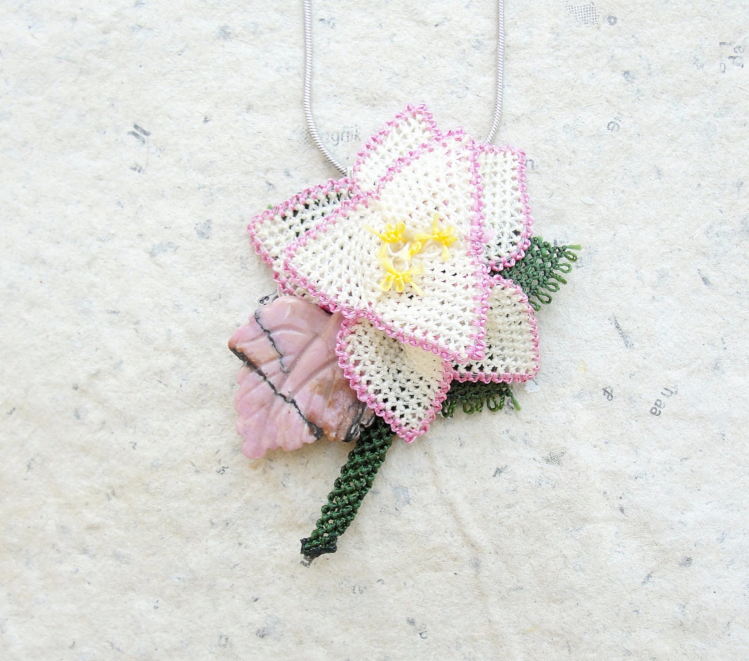 Needle Lace Necklace - Needle Lace Flower with Jasper Leaf