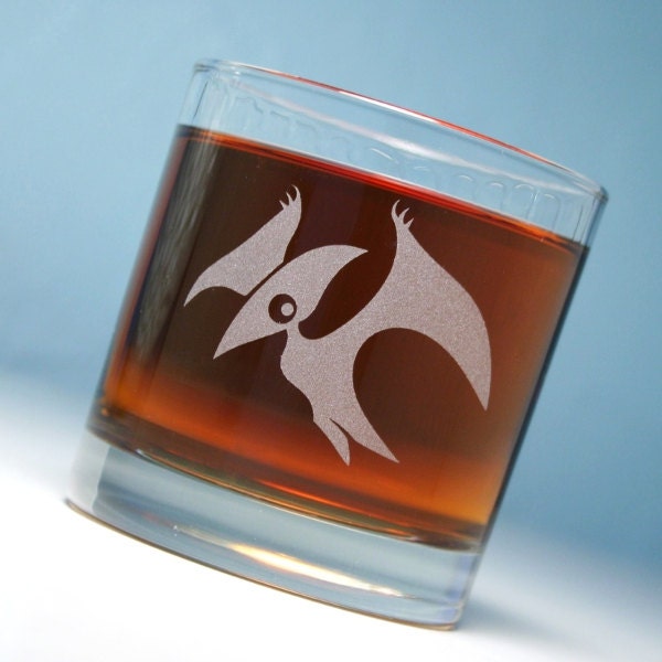 Pterodactyl Lowball Glass - etched dinosaur whiskey glass
