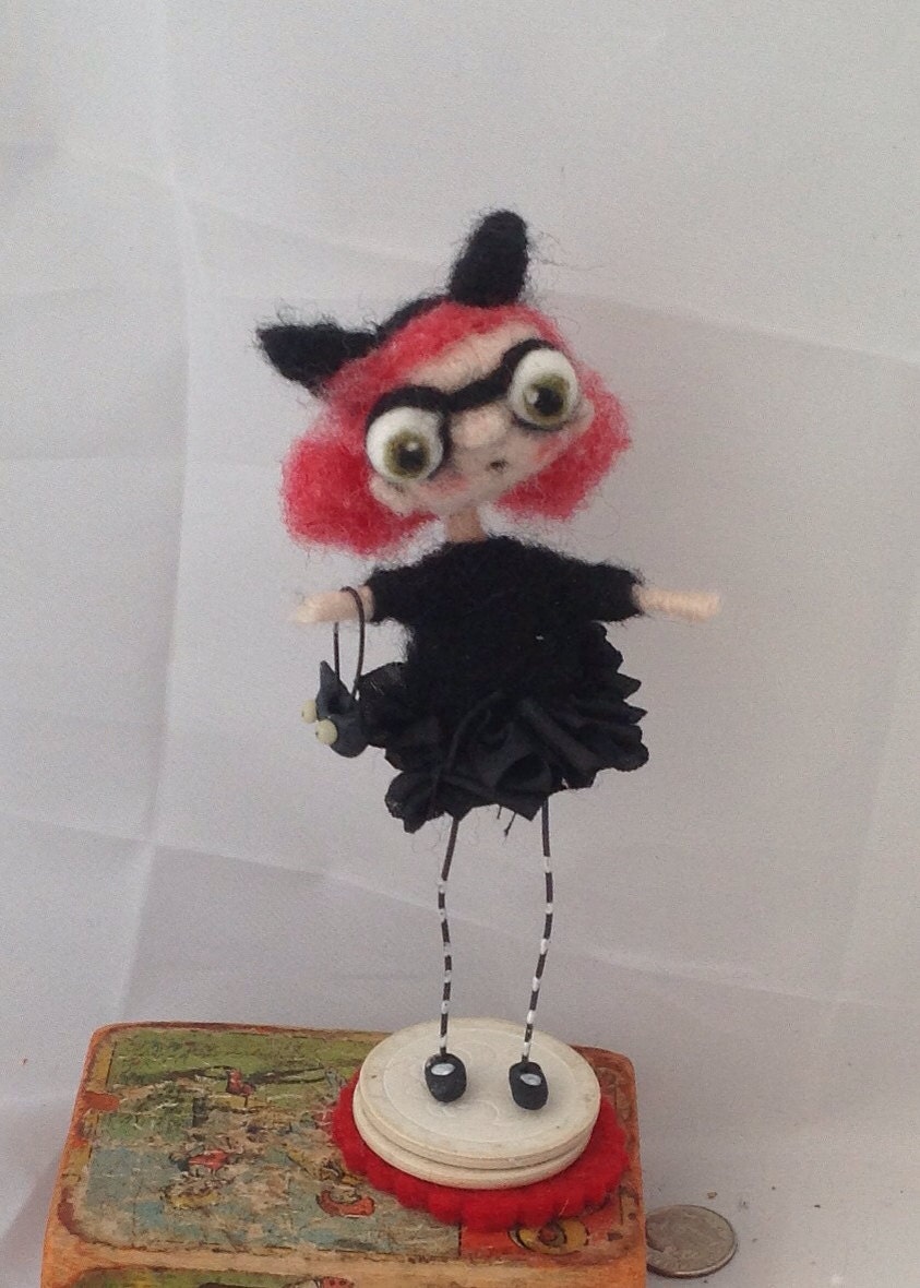 Black cat girl trick or treat hand needle felted art doll