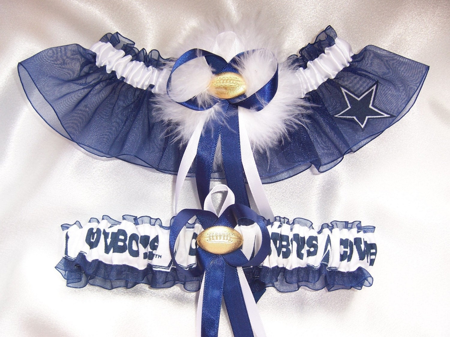 Handmade Wedding Garter Set DALLAS COWBOYS  - bridal lingerie - with Marabou Pouf