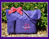 Girls Diaper Bag - Initial and Name Monogrammed Tote - Personalized Large Size Solid Color Baby Shower Gift Idea Moonstitch Ribbon Bow