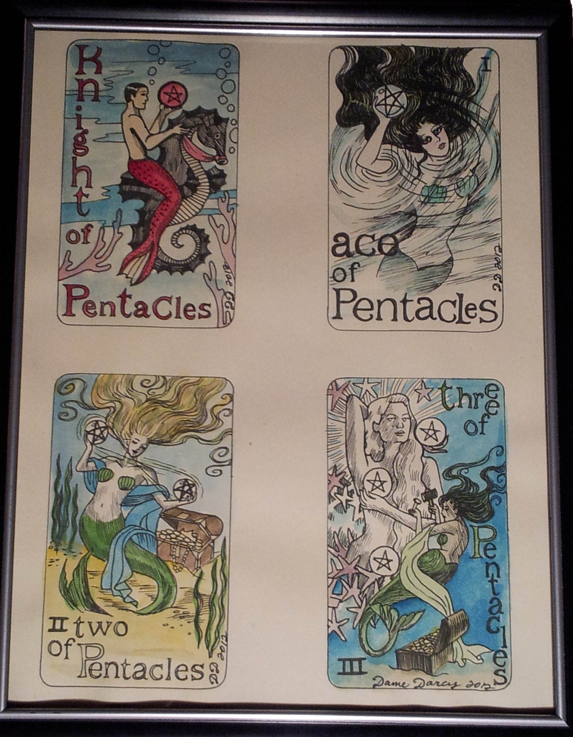 Four Set 2 Color Framed Original Hand Drawn Mermaid Tarot Illustrations