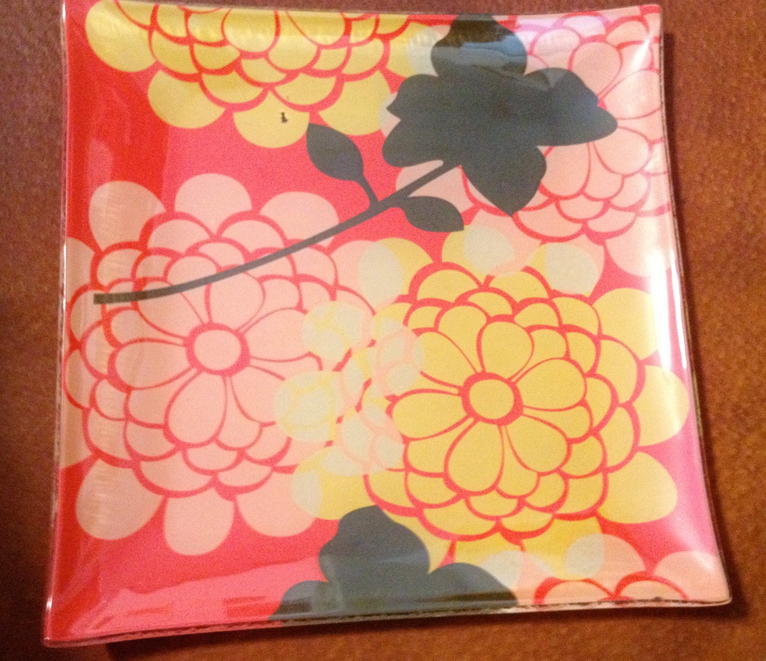 Retro Square Plate or Small Square Tray Funky Orange, Yellow, Brown Flowers 1970
