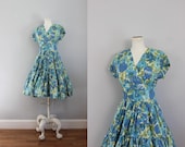 1950s rayon blue painterly flowers dress SM