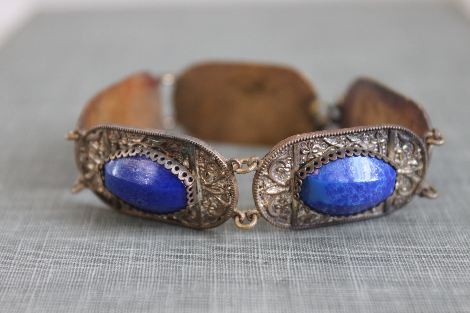 1920s CZECH signed lapis paste cabochon & copper metal deco link bracelet