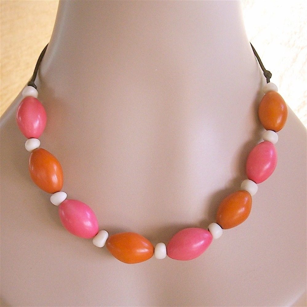 Tagua Necklace - Pink 'n Orange - Outrageous Olive - Adjustable