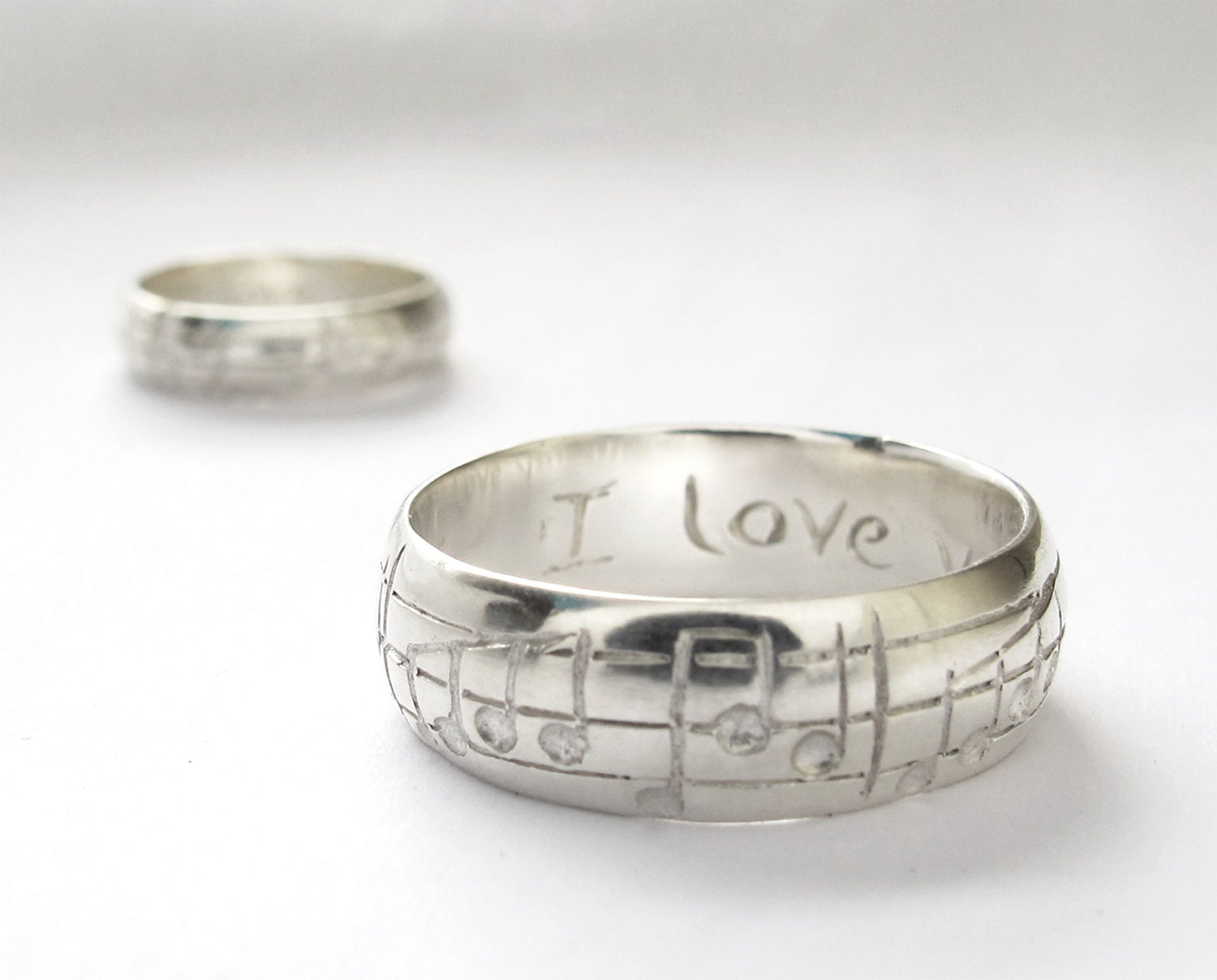 Your Song Wedding Ring Set - 10 Karat White Gold - Made to Order - Custom Size - Real Music matches your choice of song - Rickson Jewellery