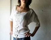 Silk Blouse - Hand painted in ivory white and black - 3/4 elbow sleeves