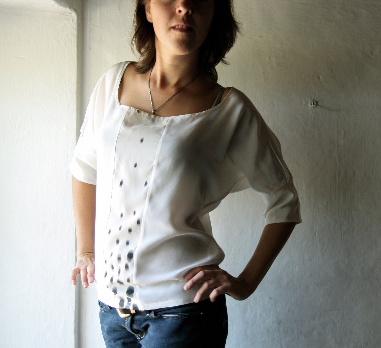 Silk Blouse - Hand painted in ivory white and black - 3/4 elbow sleeves