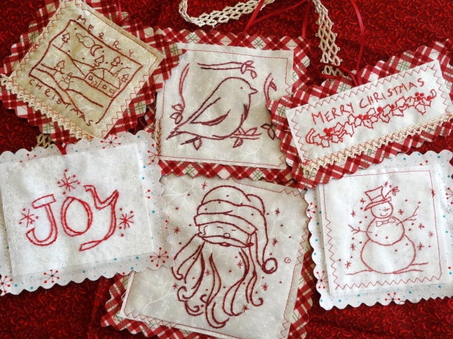 Christmas Redwork Ornament Set Hand Embroidery by countrygarden