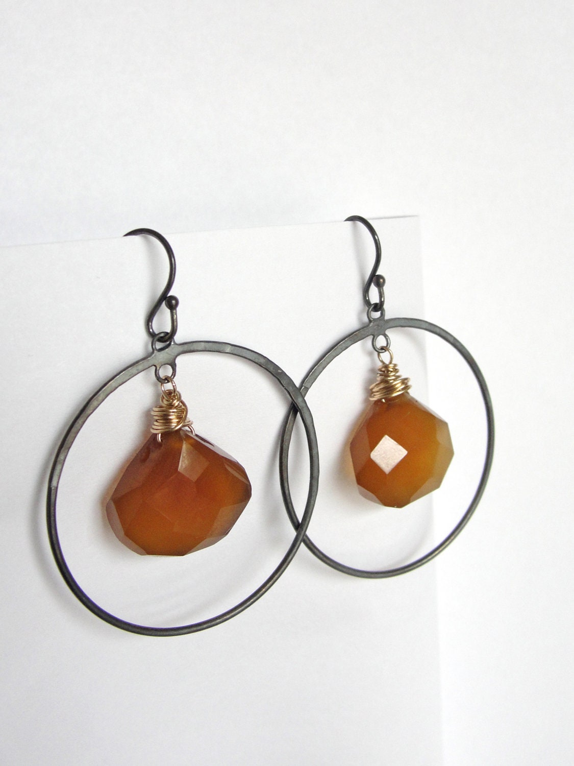 Blackened Sterling Silver Earrings with Rutilated Quartz and 14 karat gold