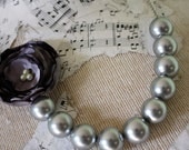 Charcoal Gray statement necklace, Gray pearl bead and smoky purple fabric flower bridesmaid necklace