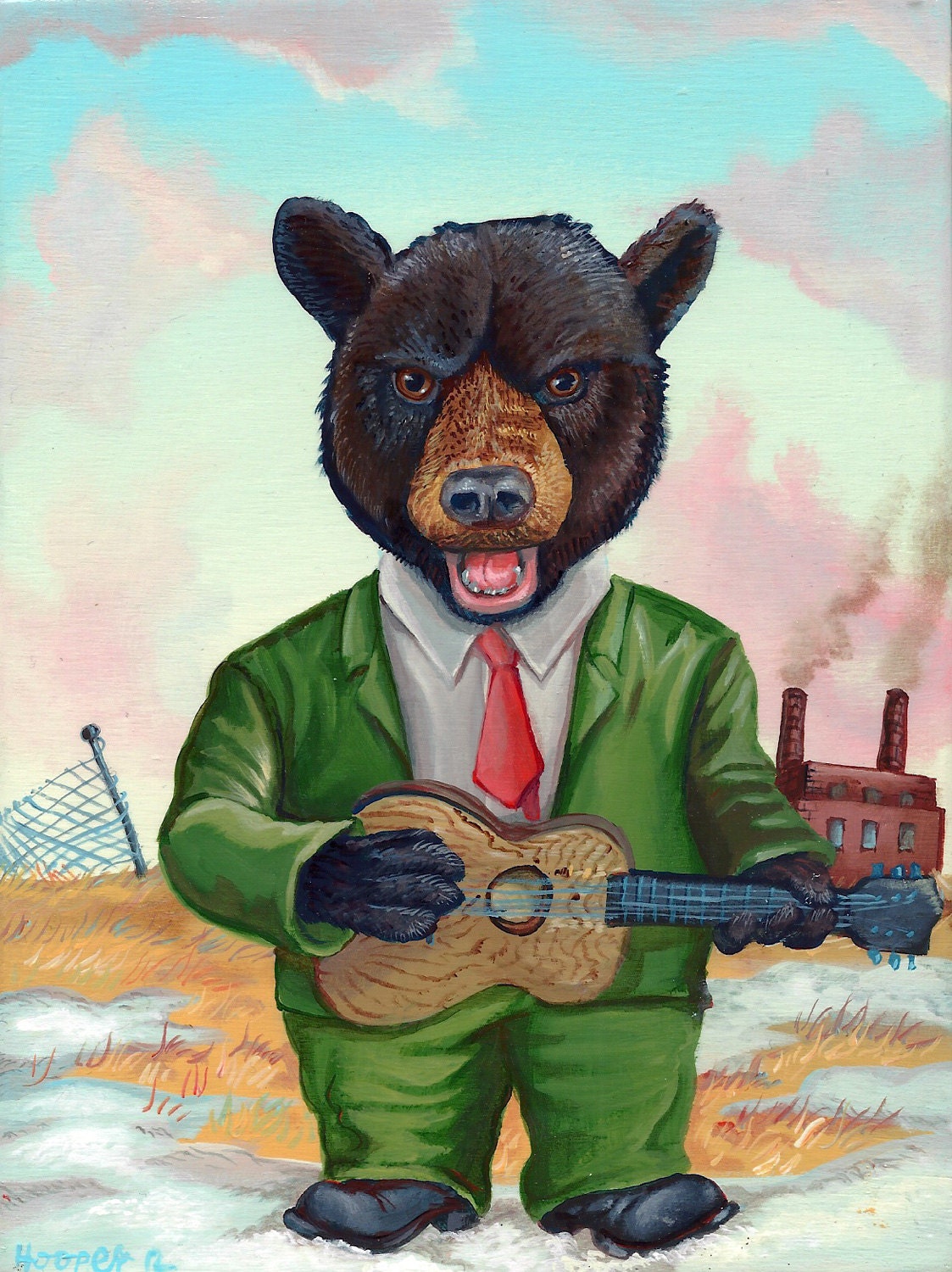 Original Animal Art - Black Bear, Green Suit - Mr. Hooper Painting