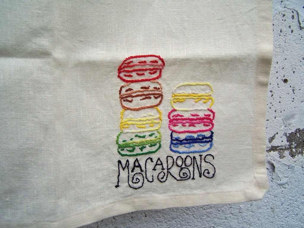 Macarons - Hand Embroidered Tea Towel Ivory Linen -  free ship