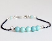 Aqua Blue Gemstone Candy Bracelet - Recycled Oxidized Sterling Silver Chain - Simple Modern Delicate Handmade Jewelry perfect for layering