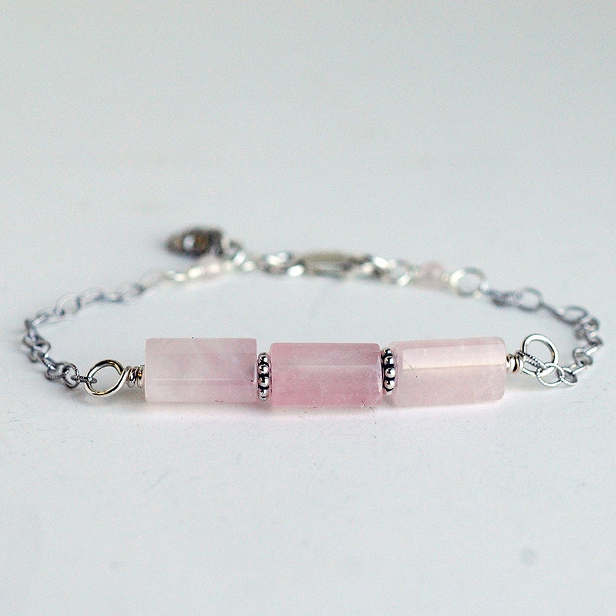 Pink Rose Quartz Gemstone Bracelet - Recycled Sterling Silver Chain - Simple Modern Delicate Handmade Jewelry perfect for layering