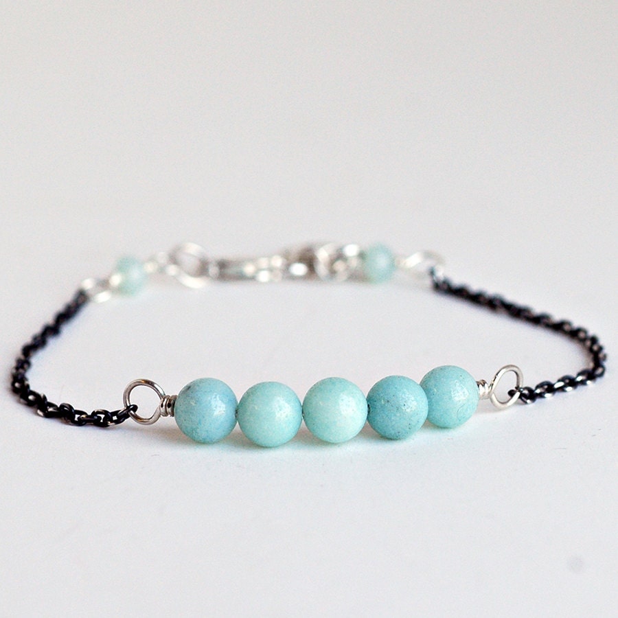 Aqua Blue Gemstone Candy Bracelet - Recycled Oxidized Sterling Silver Chain - Simple Modern Delicate Handmade Jewelry perfect for layering