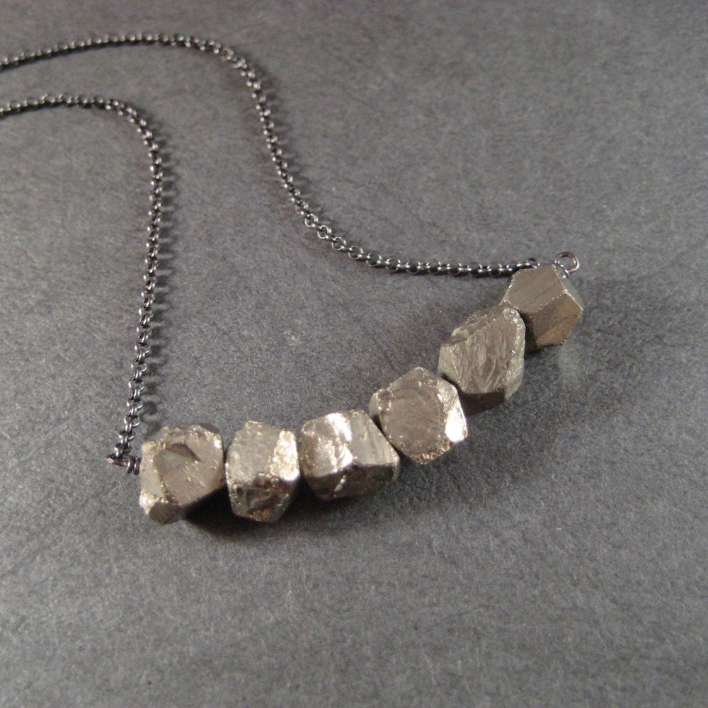 Pyrite Necklace, Faceted Pyrite Gemstone Nugget Oxidized Sterling Silver Chain Necklace