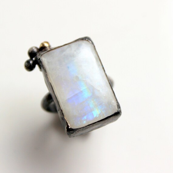 Blue flash rainbow moonstone ring, dark sterling silver, recycled 14k gold, size 6 and a half ring, one of a kind statement ring