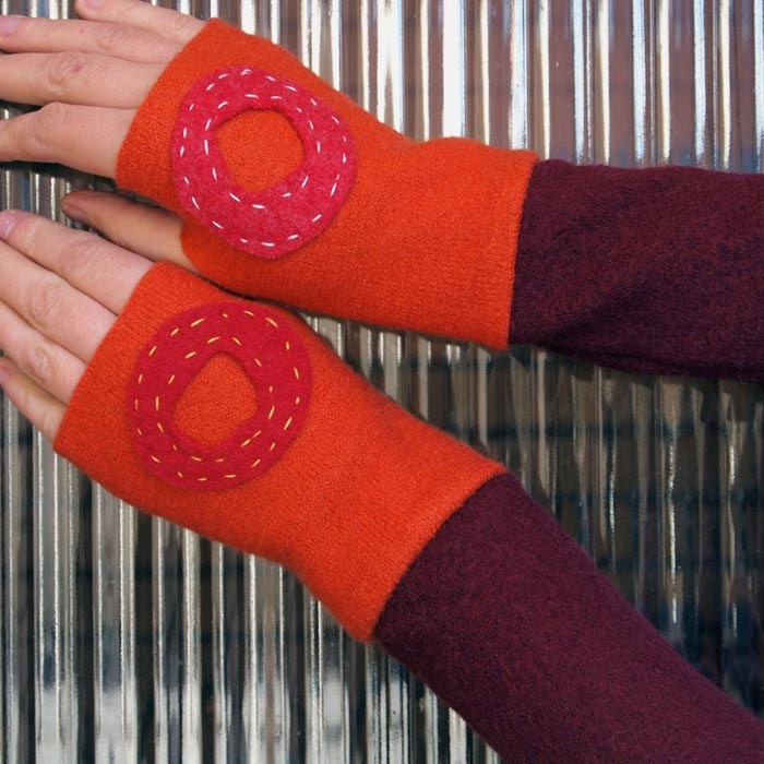 Eco Friendly Recycled Felted Wool Sweater Arm Warmers -  Orange and Burgundy with Donuts