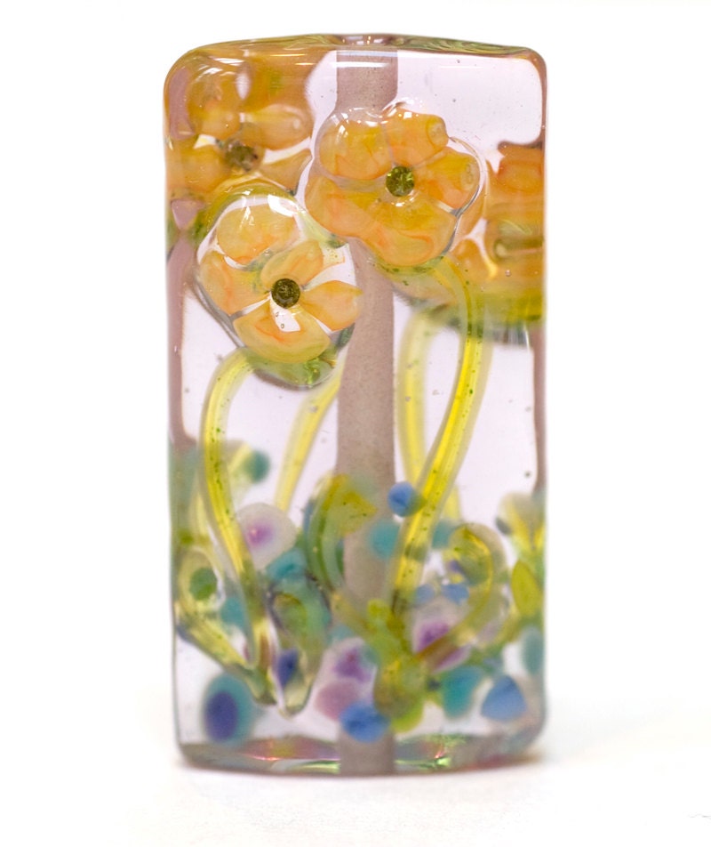 Lampwork Bead Glass Handmade Orange Flowers on Lilac Floral Focal CZ cubic zirconia