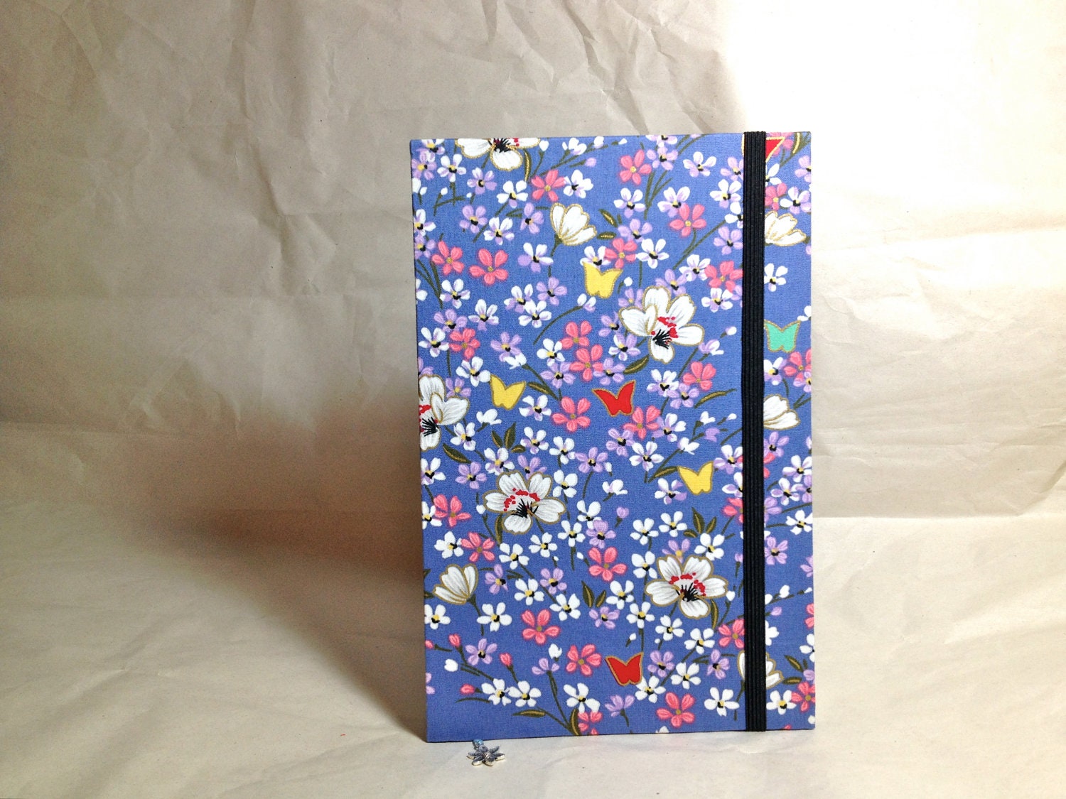 Coptic Stitch Handmade Journal with Elastic Band and Bookmark - Cherry Blossoms Blue