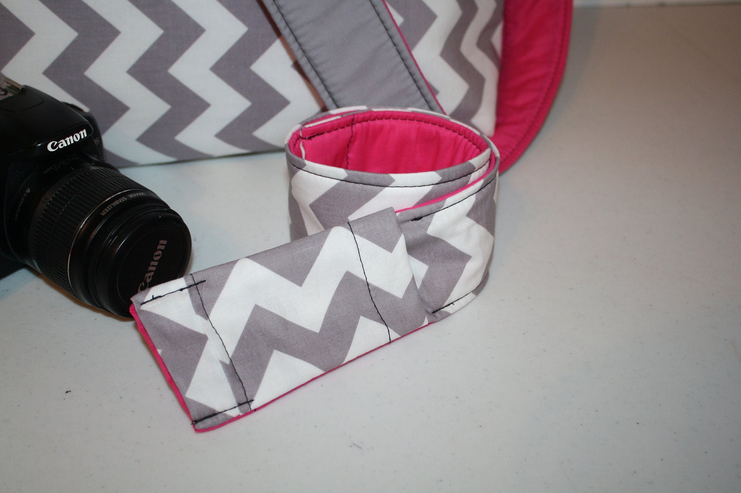 Digital Slr CAMERA Strap Cover Grey Chevron Stripe Pink with Lens Cap Pocket XcessRize Designs